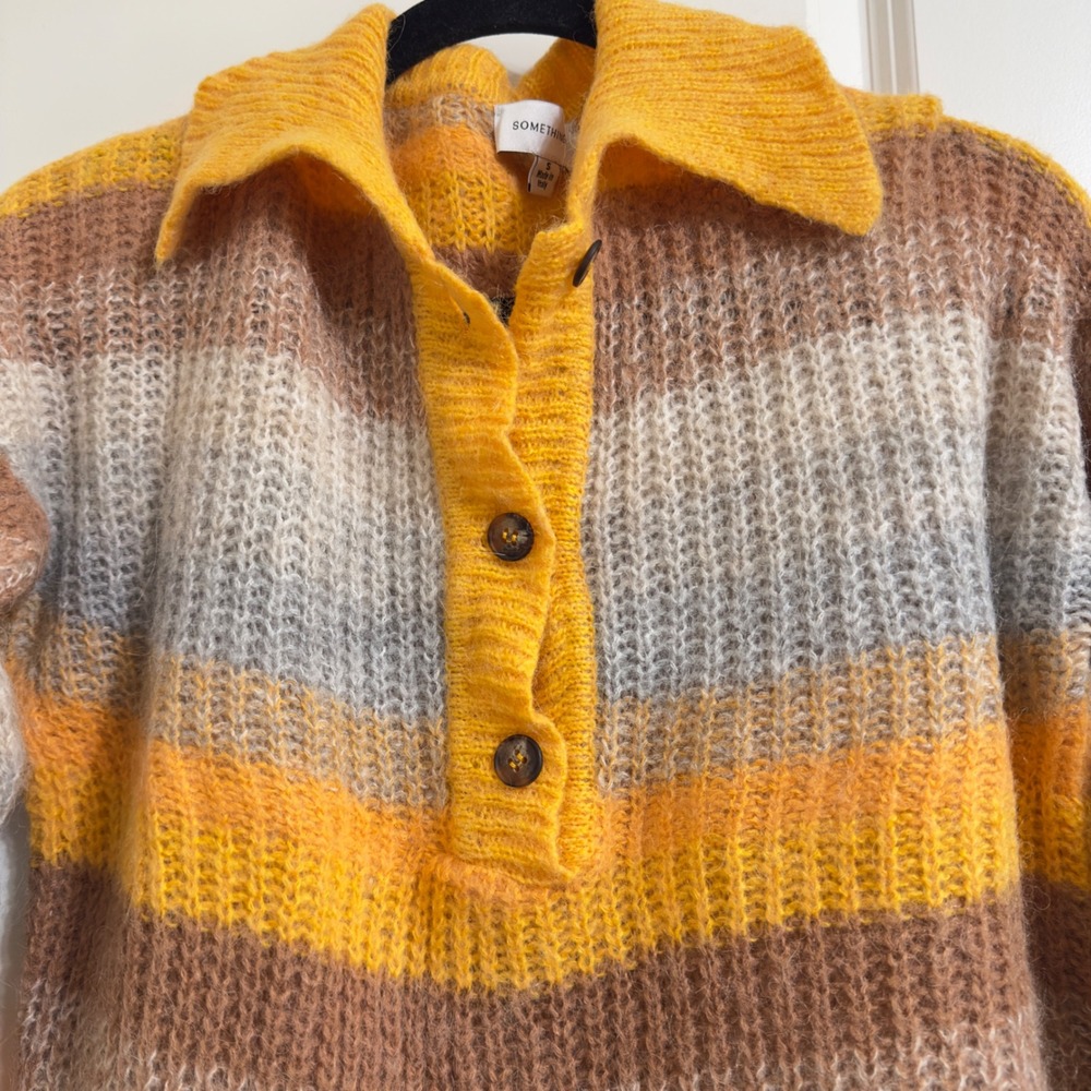 Something Navy Striped Collared Button‎ Alpaca Wo… - image 3